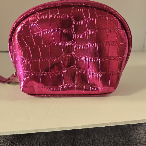 Glossy Pink Padded Croc-Embossed Cosmetic Bag - Picture 1 of 5